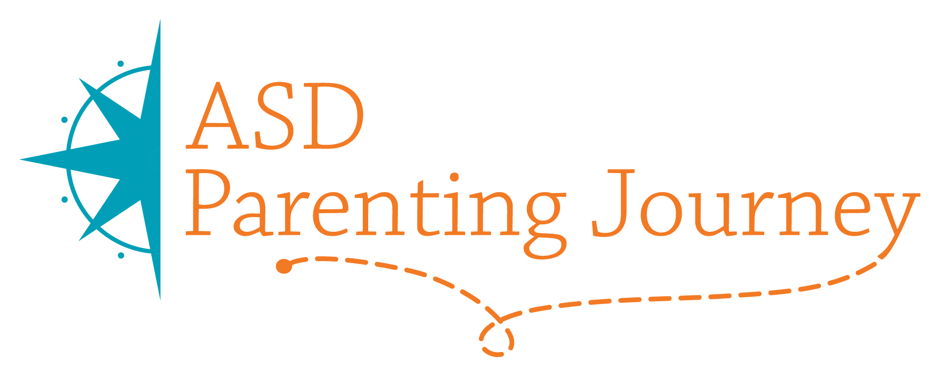 Logo with half of a blue compass on the left with the words ASD Parenting Journey to the right. A dotted line indicating a journey on a map underlines the words "Parenting Journey" and connects with the tail of the letter "y".